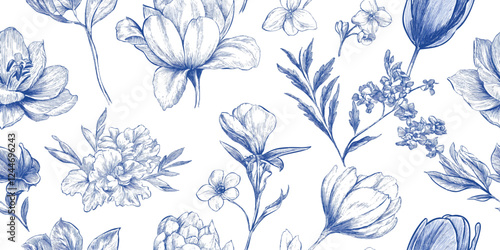 Vintage blue floral ethnic tapestry modern embroidery seamless pattern, texture boho design vector silhouette indigo blue flower motif branches leaves wallpaper background