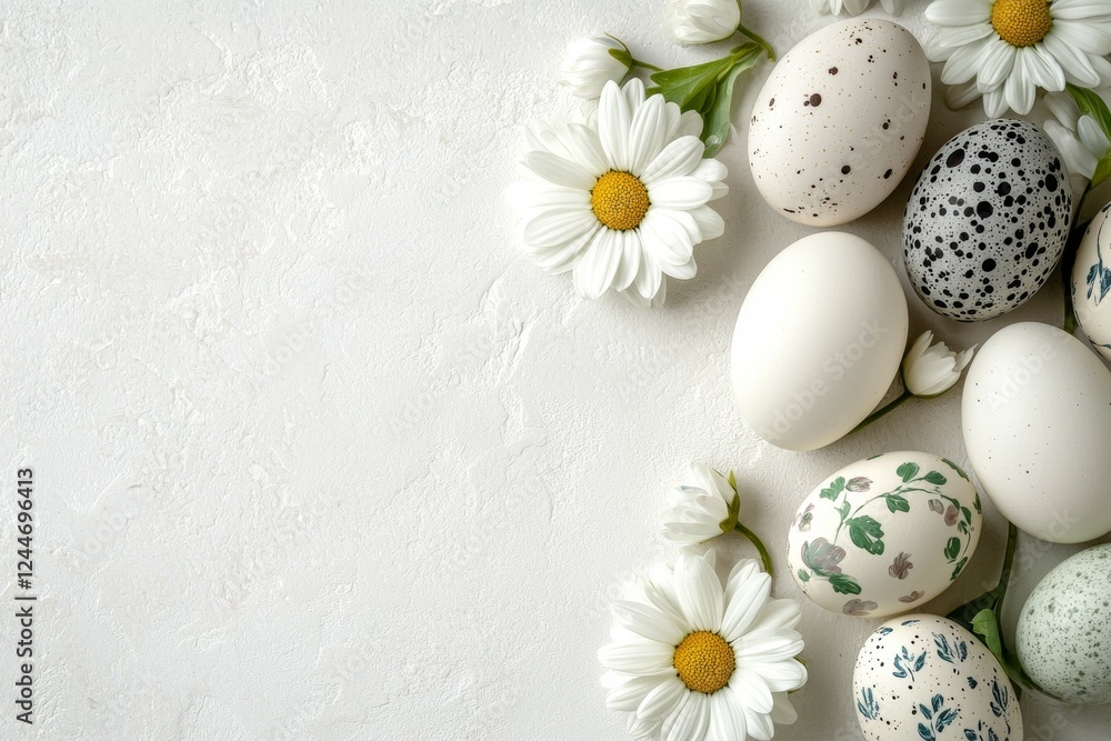 White background with a bunch of eggs and flowers White background with a bunch of eggs and flowers