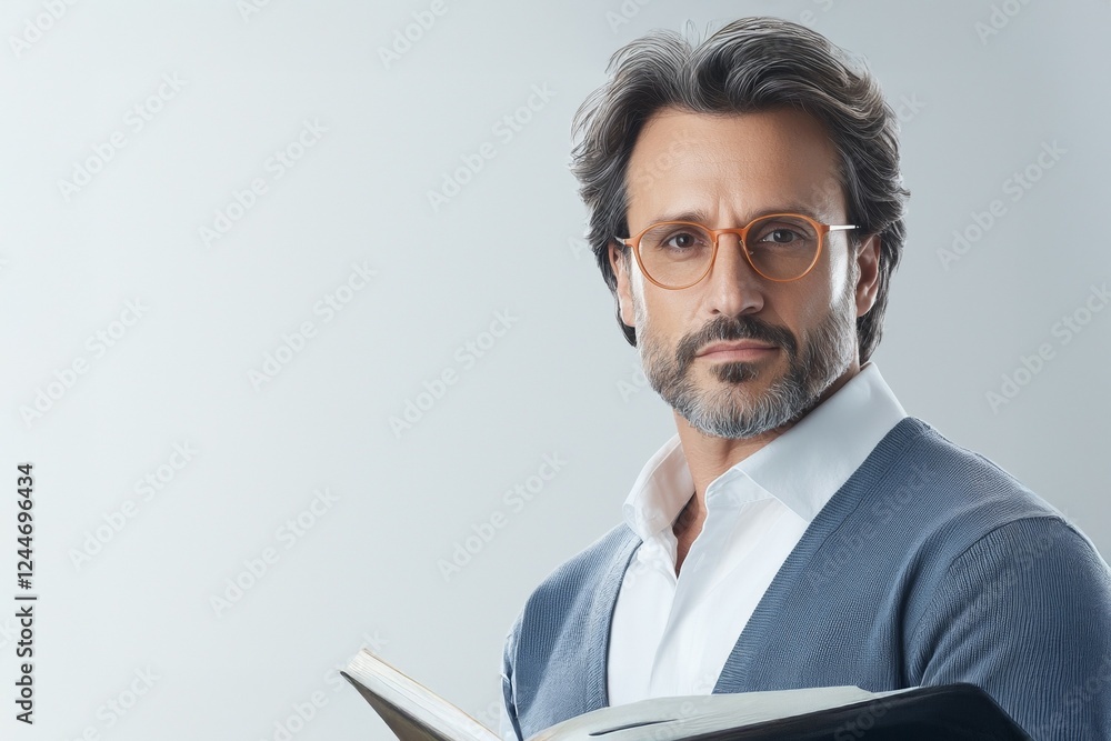 Man wearing glasses and a blue sweater is holding a book Man wearing glasses and a blue sweater is holding a book