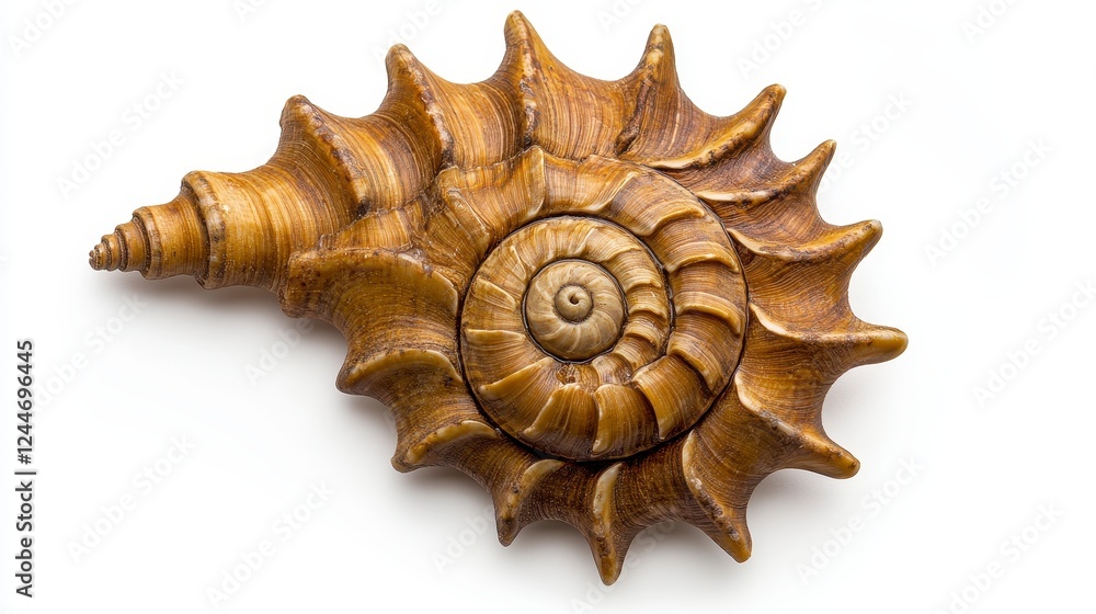 Fototapeta premium Golden Brown Fossilized Spiral Shell On White Background