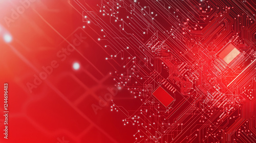 Abstract  of a glowing blue digital circuit board, showcasing intricate connections and technological design on a red  background.