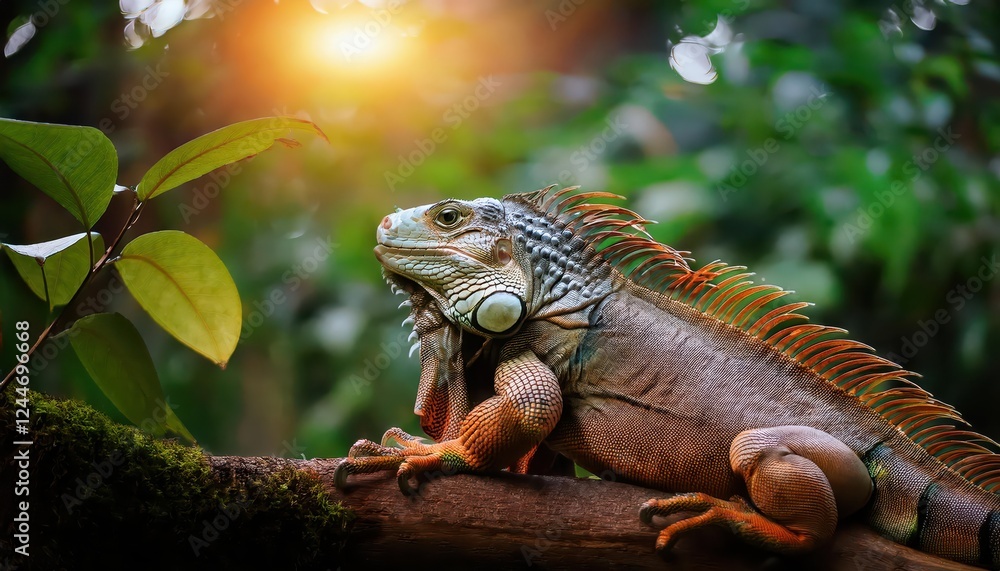 Vigilant Green Iguana Amidst the Dappled Shadows of a Tropical Forest, Capturing the Essence of Wild Beauty and Mystery Vigilant Green Iguana Amidst the Dappled Shadows of a Tropical Forest, Capturing the Essence of Wild Beauty and Mystery