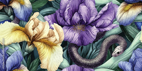 Snake on irises flowers Vector Seamless floral pattern, Template design for textiles, interior, clothes, wallpaper. Botanical art.