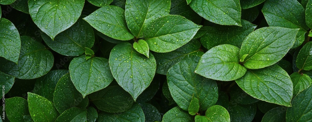 Lush Green Leaves with Dew Drops - Nature Background Lush Green Leaves with Dew Drops - Nature Background