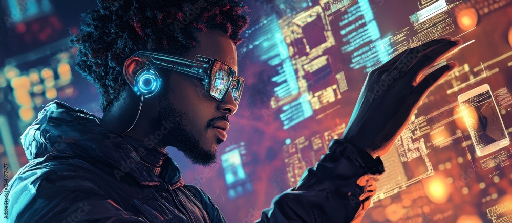 Fototapeta premium Focused African American Tech Engineer Innovating with Futuristic Interface.