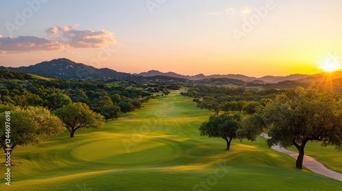 Sunset golf course landscape, hills, trees photo