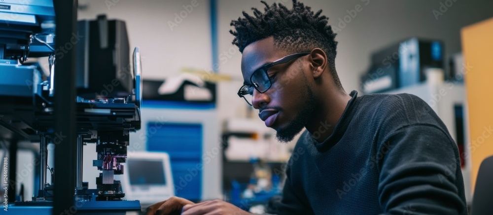 Concentrated Black Engineer Works with Precision Equipment, Research Lab, Tech Concentrated Black Engineer Works with Precision Equipment, Research Lab, Tech