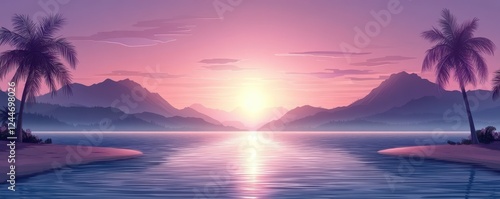 Serene Tropical Beach Sunset with Vibrant Colors Over Calm Ocean Water Framed by Silhouetted Palm Trees and Distant Majestic Mountain Ranges
