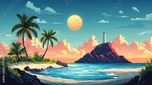 Sunset Illuminated Coastal Landscape with Towering Lighthouse on Rocky Island Surrounded by Serene Water and Palms Under a Vivid Sky