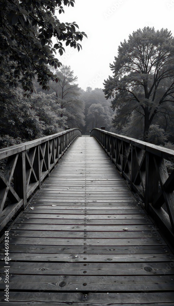 Obraz premium Elegant monochrome bridge, weathered wood planks, weathered, arch, light