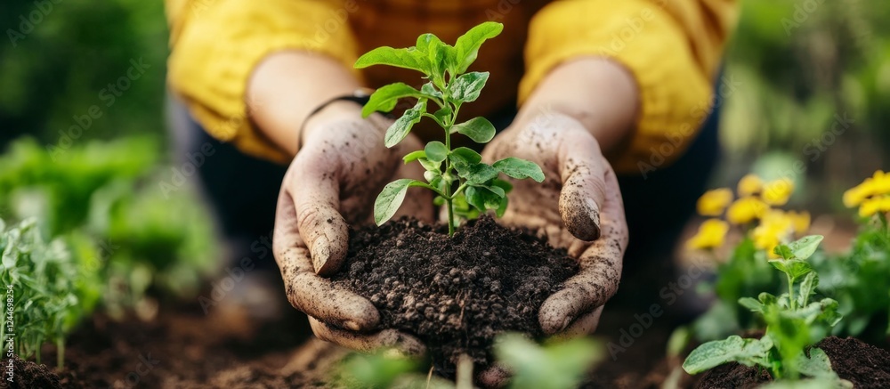Gardener holding plant with soil in hands, Spring planting, Life Begins Gardener holding plant with soil in hands, Spring planting, Life Begins