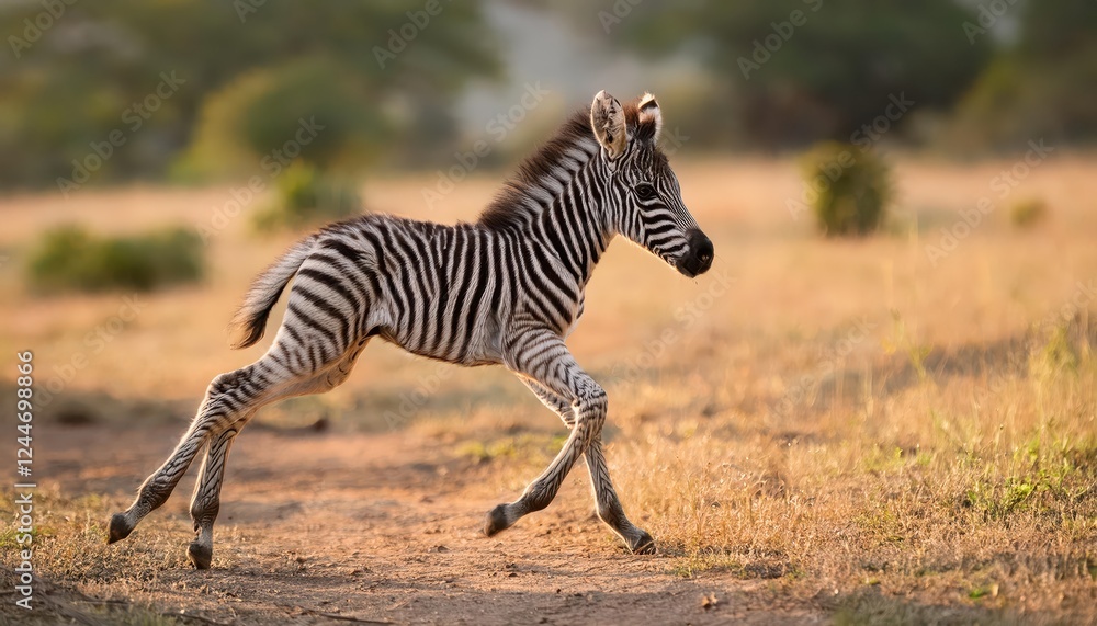 Naklejka premium Vibrant and Spirited Burchells Zebra Foal Gallops Freely Through African Savannah, Showcasing the Joy of New Beginnings in a Stunning Display of Wildlifes Playful Energy.