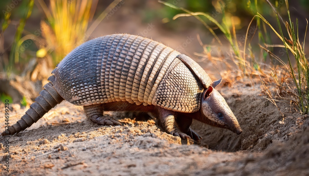 Venturing Forth Witnessing the Awakening of a Ninebanded Armadillo from its Burrow amidst the Vibrant American Wilderness, Early Morning Light Irradiating the Scene Venturing Forth Witnessing the Awakening of a Ninebanded Armadillo from its Burrow amidst the Vibrant American Wilderness, Early Morning Light Irradiating the Scene