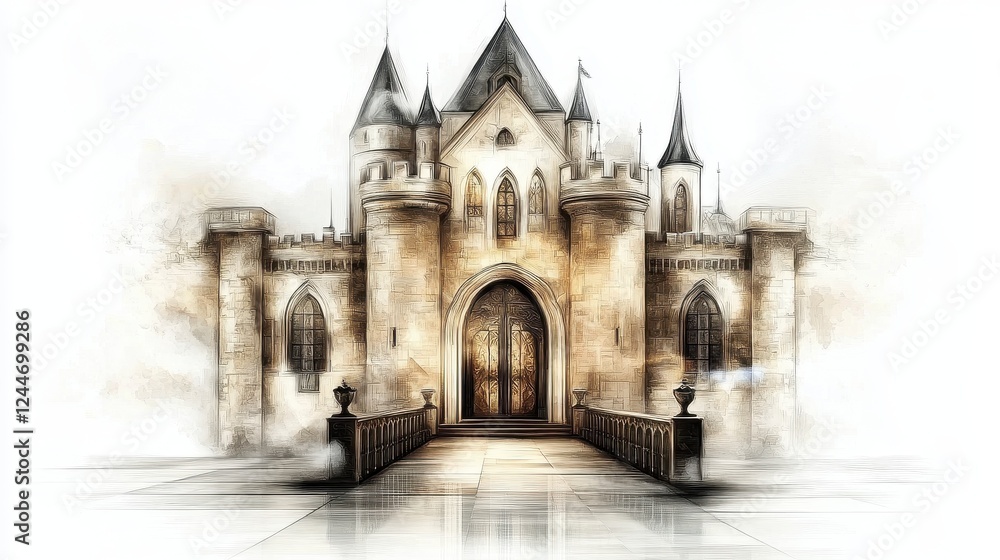 Fototapeta premium Grand Stone Castle Watercolor Painting With Sepia Tones and Serene Atmosphere