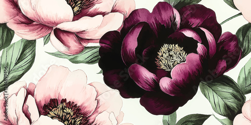 Vector Seamless vintage watercolor pattern with burgundy roses and peonies, floral pattern, elegant peonies seamless print, Template design for textiles, interior, clothes, wallpaper. Botanical art