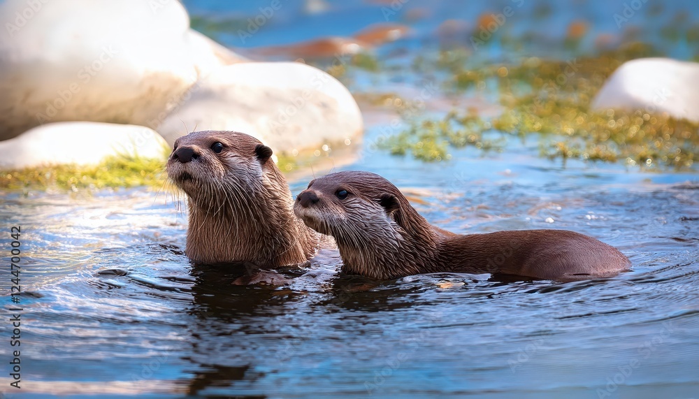 Obraz premium Vibrant Springtime Encounter North American River Otters in a Lush Forested Wetland, Captured at Dusk