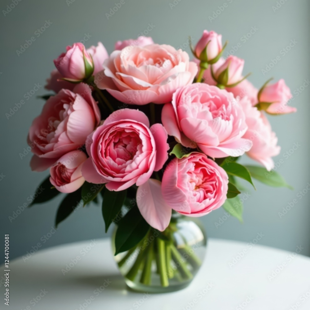 Fototapeta premium Luscious pink peonies and roses bouquet Ample copy space , roses, detail, leaves
