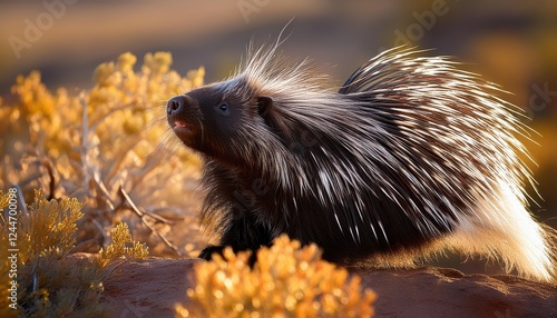 Striking Closeup of a North American Porcupine, Capturing its Sharp Quills and Intricate Fur Pattern in the Wilderness, Set against a Backdrop of Winter Woods. photo