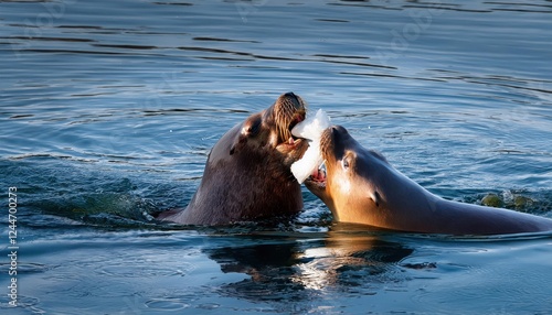 Powerful Steller Sea Lion Bull Feeding Near Petersburgs Shoreline in Winter, Majestic Creature Captured Amidst Scraps from a Fishing Boat photo