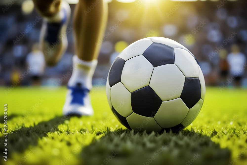 Close-up of soccer ball on green field. AI generated Close-up of soccer ball on green field. AI generated