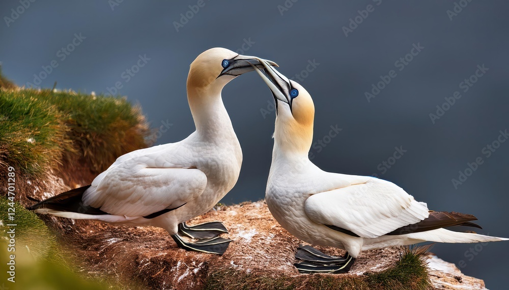 Majestic Dance of Love Northern Gannets in Spectacular Courtship on Clifftops, against the Backdrop of a Stormy Sea and Crashing Waves Majestic Dance of Love Northern Gannets in Spectacular Courtship on Clifftops, against the Backdrop of a Stormy Sea and Crashing Waves