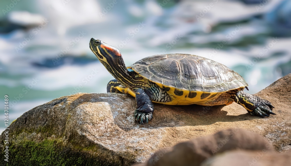 Striking Closeup of a Northern Map Turtle Perched on a Rough Rocky Outcrop in a serene, misty forest landscape during a foggy dawn. Striking Closeup of a Northern Map Turtle Perched on a Rough Rocky Outcrop in a serene, misty forest landscape during a foggy dawn.