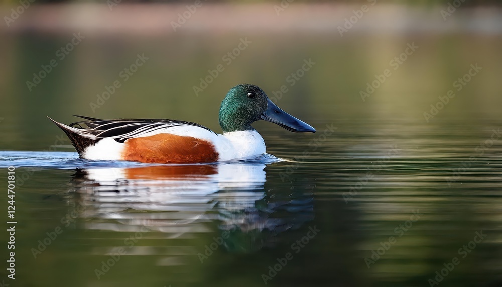 Serene Moment Northern Shoveler Ducks Grazing Peacefully Amidst a Calm, Frosty Morning Wetland, Showcasing Striking Plumage and the Beauty of Winter Wildlife. Serene Moment Northern Shoveler Ducks Grazing Peacefully Amidst a Calm, Frosty Morning Wetland, Showcasing Striking Plumage and the Beauty of Winter Wildlife.