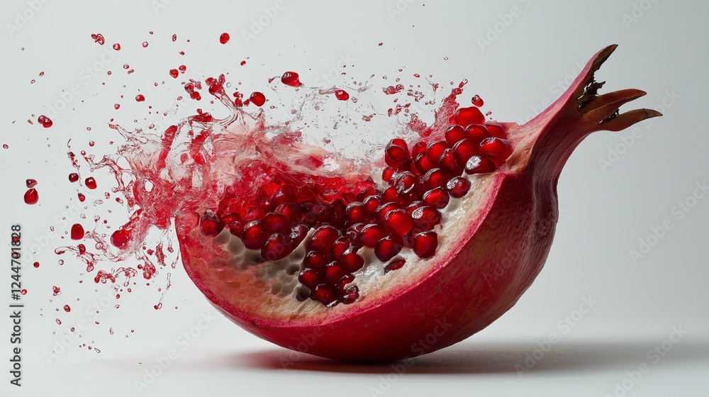 Pomegranate bursting with juice and seeds in a dynamic splash moment Pomegranate bursting with juice and seeds in a dynamic splash moment