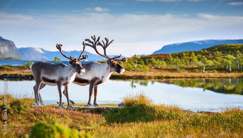 Naklejka premium Tranquil Winter Scene Two Reindeer Amidst the Snowy Nordland Landscape, Standing by a Frozen Pond on Langoya Island, Norway