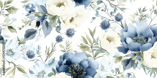 Vector Seamless floral pattern with bouquet of delicate peonies on white summer background in shades of navy blue, watercolor illustration. Template design for textiles, interior, clothes, wallpaper