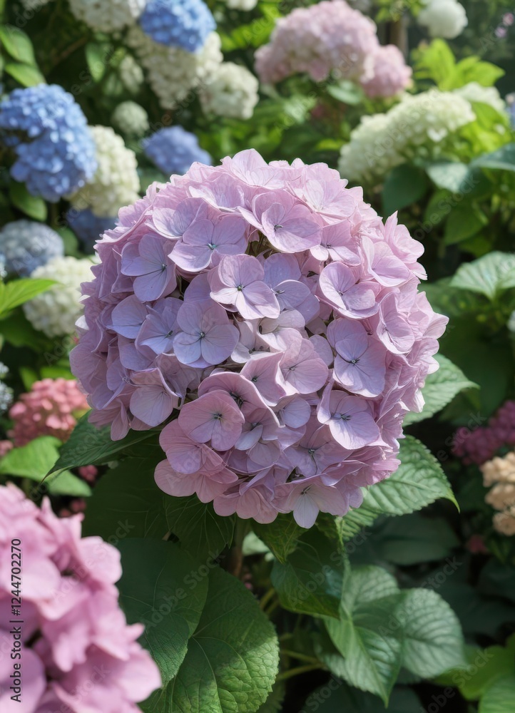 A delicate hydrangea blooms in a garden surrounded by vibrant flowers and lush greenery , Flowers, Blooming, Greenery A delicate hydrangea blooms in a garden surrounded by vibrant flowers and lush greenery , Flowers, Blooming, Greenery