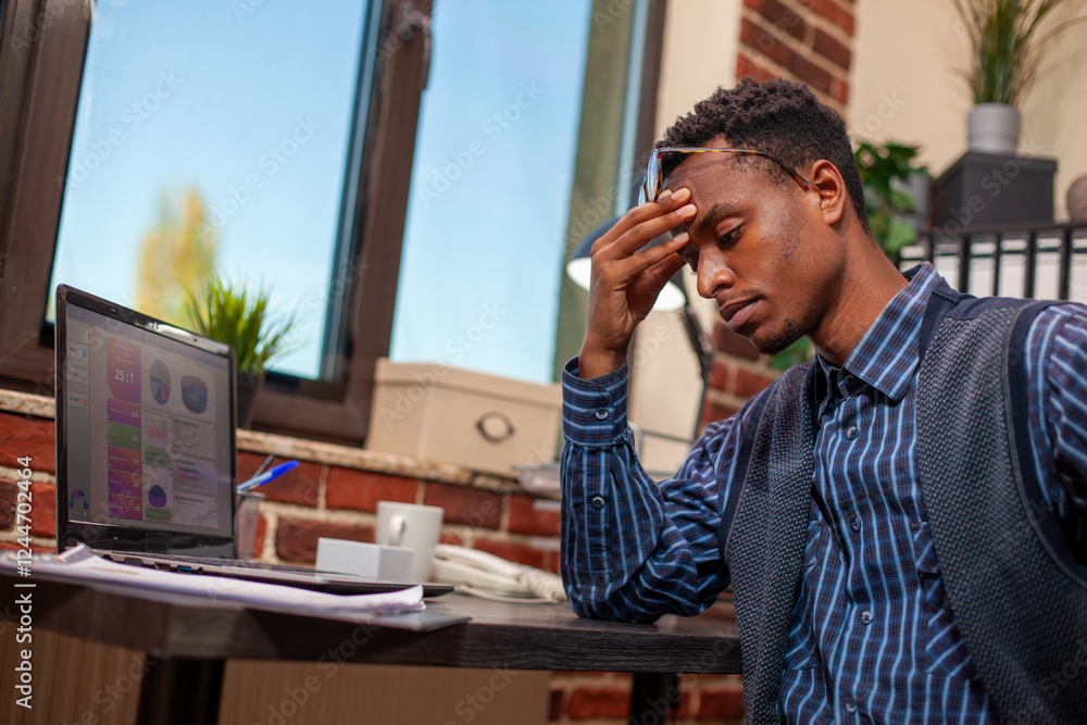 Fototapeta premium African American entrepreneur sits tiredly at desk, holding his head as he analyzes business project plans. Black male manager looking drained after demanding day at work in startup office.