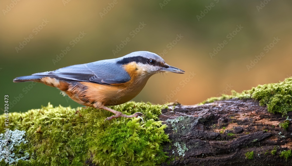 Fototapeta premium Striking Nuthatch Sitta Europaea Perched on Mossy Log in Forested Landscape, Capturing the Essence of Wildlife and Nature at Twilight