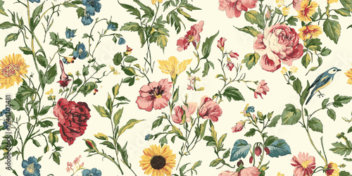 Vector seamless floral colorful pattern, vintage botanical illustrations and modern floral motifs, Trendy contemporary nature background, organic plant leaves artwork wallpaper print, spring texture