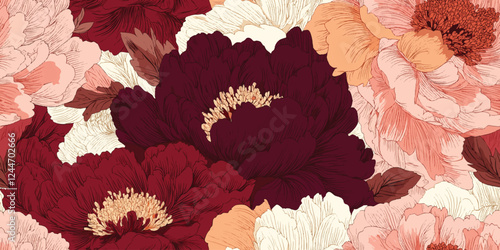 Seamless vintage watercolor style vector background with peonies and garden flowers.