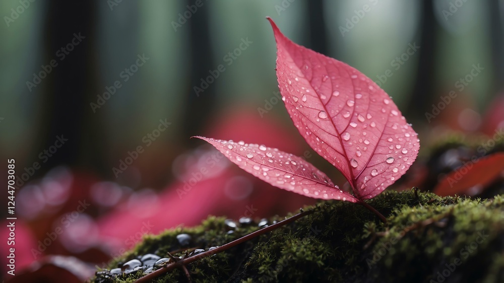 closeup of a pink leaf on a dew forest background closeup of a pink leaf on a dew forest background