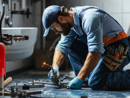 Plombier effectuant des travaux dans une salle de bain photo