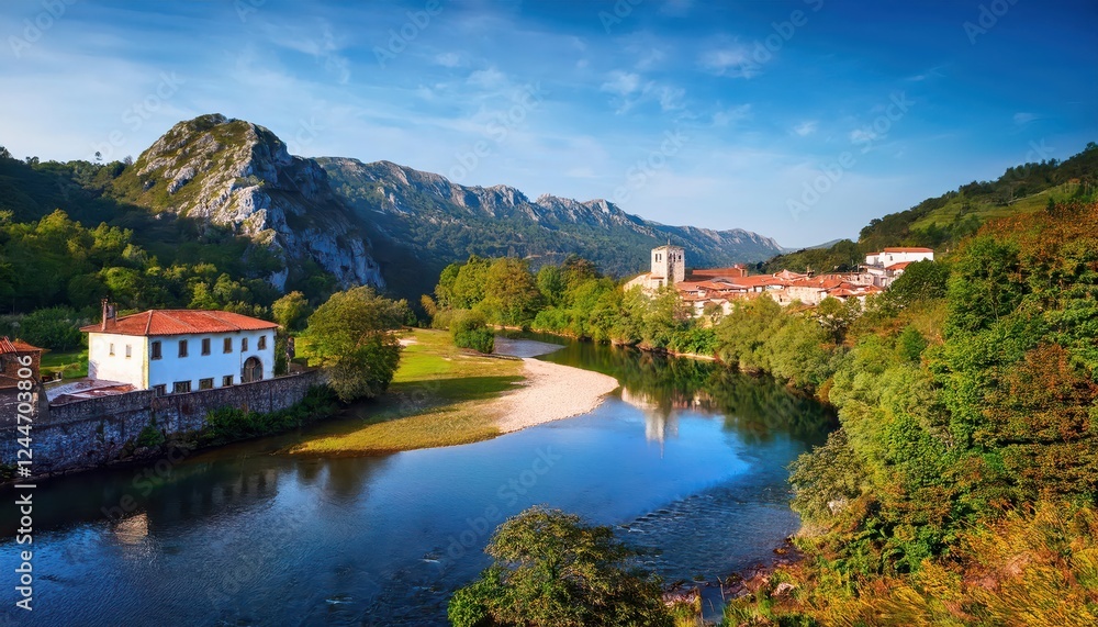 Majestic Olla de San Vicente Bridge over the Misty Dobra River, Set Amidst the Lush Greenery and Picturesque Village of Cangas de Onis in Asturias, Spain. Majestic Olla de San Vicente Bridge over the Misty Dobra River, Set Amidst the Lush Greenery and Picturesque Village of Cangas de Onis in Asturias, Spain.