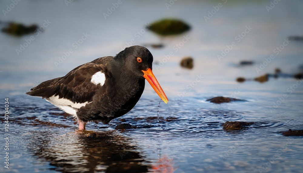 Vibrant Coastal Scene Black Oystercatcher Foraging among Shallow Waters, Against the Backdrop of a Peaceful Ocean Sunset Vibrant Coastal Scene Black Oystercatcher Foraging among Shallow Waters, Against the Backdrop of a Peaceful Ocean Sunset