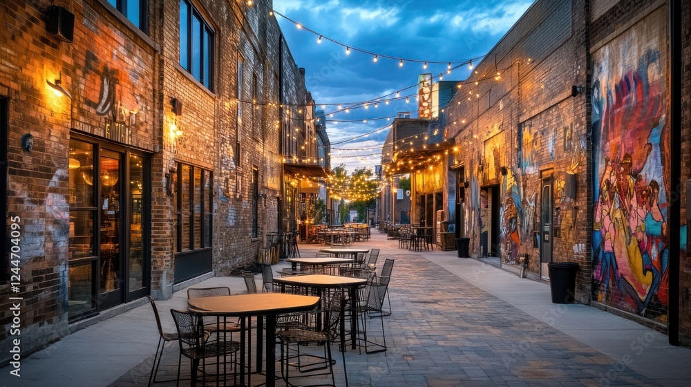 Fototapeta premium Evening Ambiance at Brick Alley: Urban Charm and Outdoor Dining
