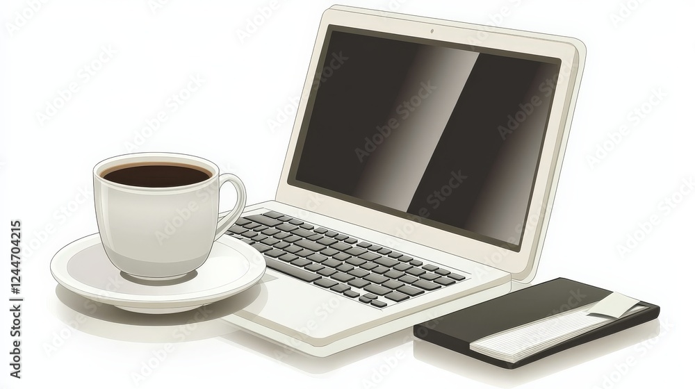A minimalist workspace featuring a laptop, coffee cup, and notebook on a clean surface A minimalist workspace featuring a laptop, coffee cup, and notebook on a clean surface
