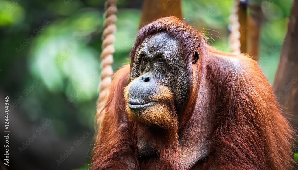 Striking Portrait of an Orangutan in Lok Kawi Wildlife Park, Showcasing Intimate Moment with Glimpses of Tropical Rainforest and Vibrant Wildlife Striking Portrait of an Orangutan in Lok Kawi Wildlife Park, Showcasing Intimate Moment with Glimpses of Tropical Rainforest and Vibrant Wildlife