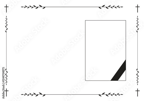 Funeral vector card. Empty card with black cross in the corners and photo frame with black ribbon