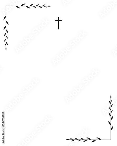 Funeral vector card. Empty card with black cross and leaves frame 
