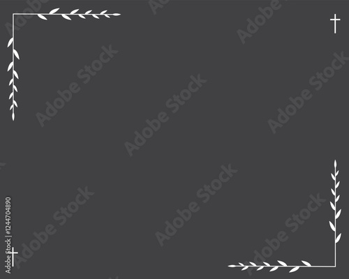 Funeral vector card. Empty card with black cross in the corners. Grey background 