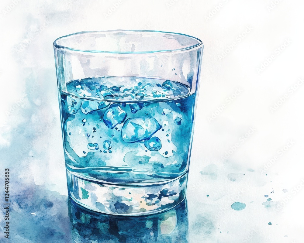 Elegant watercolor of microscopic plastic particles inside a glass of water, transparency revealing invisible threats, soft textures with deep meaning. Elegant watercolor of microscopic plastic particles inside a glass of water, transparency revealing invisible threats, soft textures with deep meaning.
