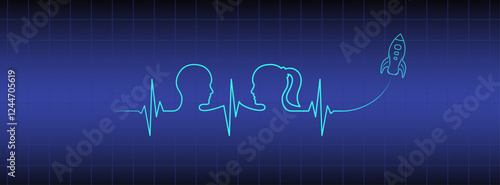 Editable blue medical wallpaper, love couple, man, woman head, spaceship rocket vector art. Heart rhythm ekg vector design to use for love, healthy lifestyle, emotion, romance concept projects. 