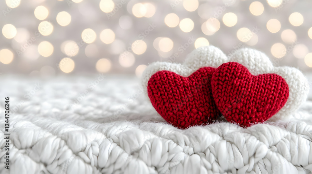 Fototapeta premium Knitted hearts on cozy blanket, bokeh lights background; Valentine's Day card