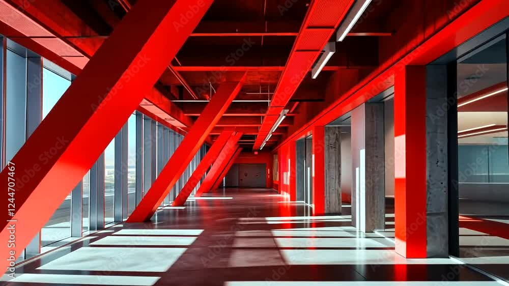 Red interior hallway, modern building, city view, sunlight Red interior hallway, modern building, city view, sunlight