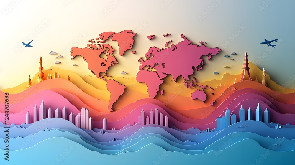 Fototapeta premium Colorful Abstract World Map Design with Travel Motifs and Smooth Gradients